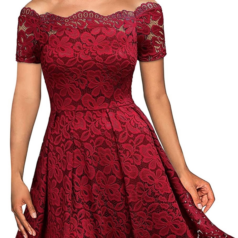 Bright Red Lace Dress - Gently used, comfy, off the shoulder!